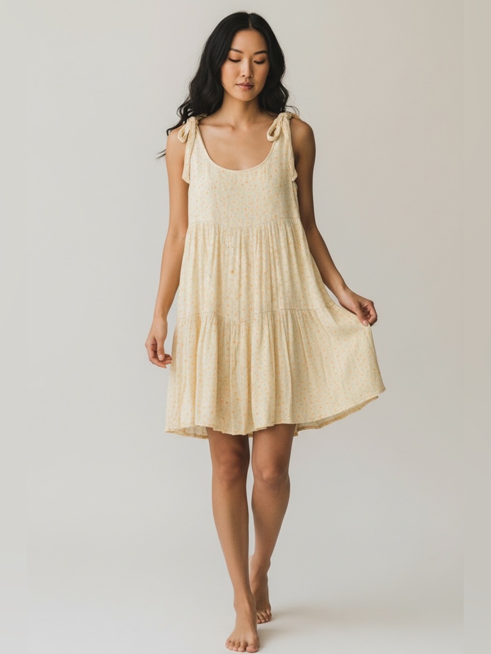 American Eagle Tie-Shoulder Sleeveless Tiered Sun Dress in Pale Yellow